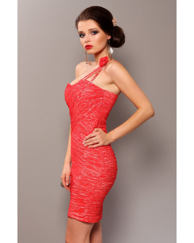 3702-3 Elegant dress with ruffles, worn on one shoulder with a decorative rose - arbuzowy