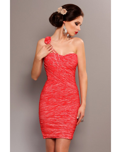 3702-3 Elegant dress with ruffles, worn on one shoulder with a decorative rose - arbuzowy