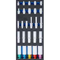 Insert de servante d’atelier 1/3 : Douilles, six pans, longue 11 - 22 mm | profil E, E10 - E22 | 6,3 mm (1/4") / 10 mm (3/8") / 