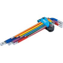 Jeu de clés allen | multicolore | extra longues | six pans femelle, six pans femelle à tête sphérique 1,5 - 10 mm | 9 pièces