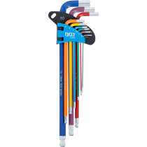 Jeu de clés allen | multicolore | extra longues | six pans femelle, six pans femelle à tête sphérique 1,5 - 10 mm | 9 pièces