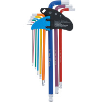 Jeu de clés allen | multicolore | extra longues | six pans femelle, six pans femelle à tête sphérique 1,5 - 10 mm | 9 pièces