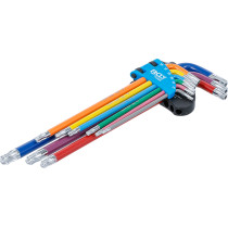 Jeu de clés allen | multicolore | extra longues | Profil T (pour Torx) avec perçage et tête sphérique T10 - T50 | 9 pièces