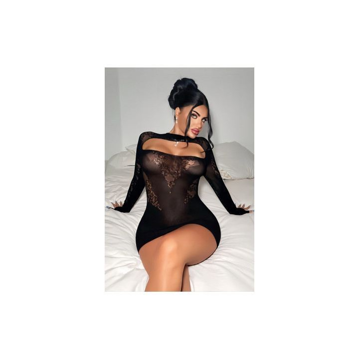 Robe résille noire décolletée à manches longues - J Lingerie