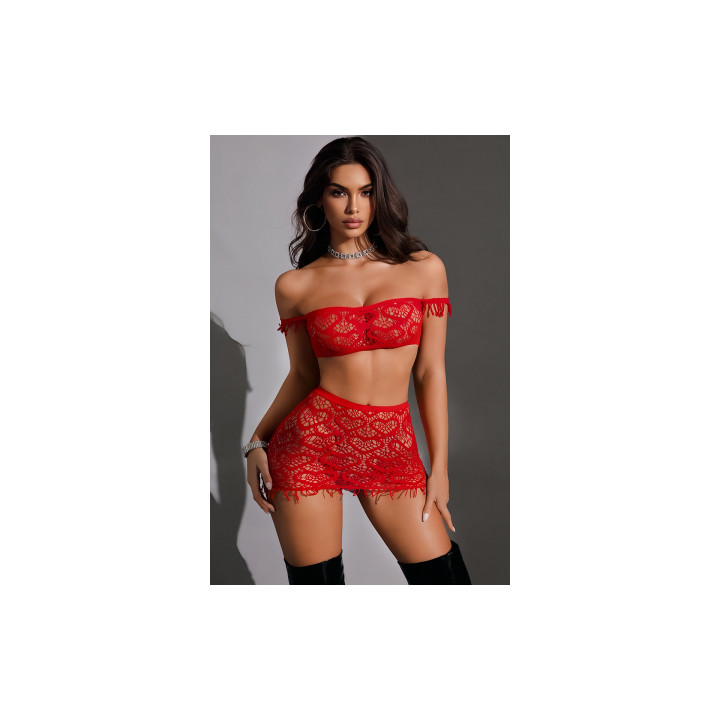 Ensemble top et jupe résille rouge - J Lingerie