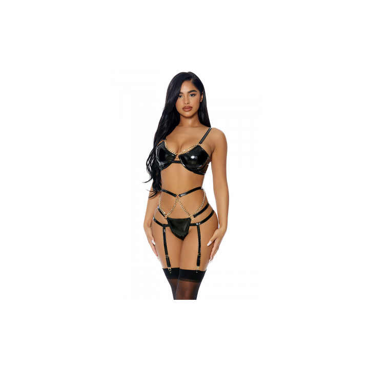 Ensemble 3 pièces à jarretelles en faux cuir - J Lingerie