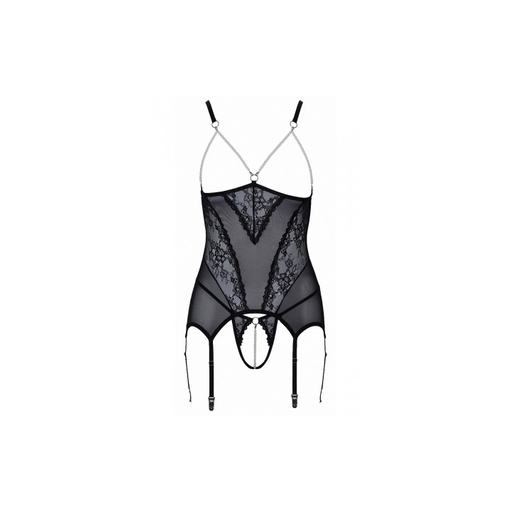 Guêpière seins nus et string ouvert résille et perles - Cottelli Lingerie