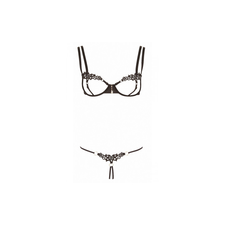 Ensemble dentelle string ouvert et seins nus noir - Cottelli Lingerie
