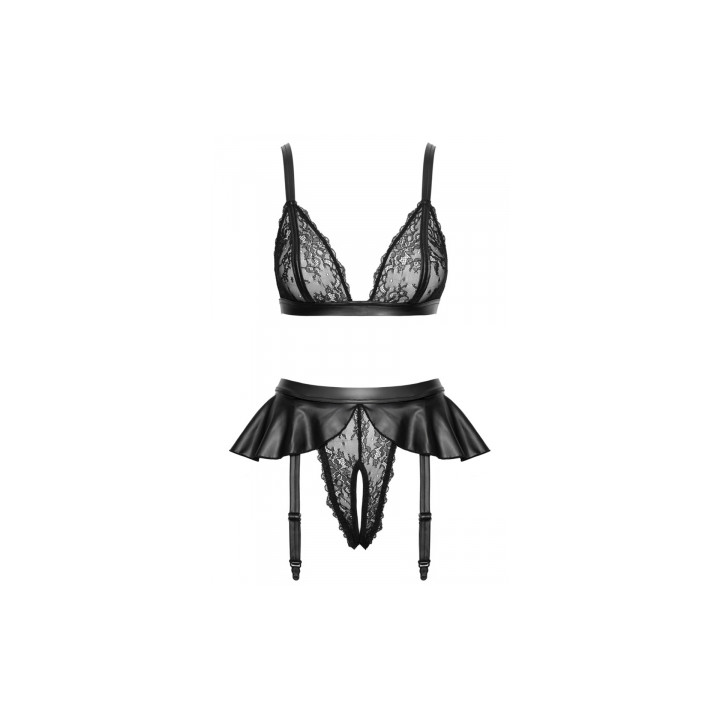 Soutien-gorge et slip fendu à jarretelles noir - Cottelli LINGERIE