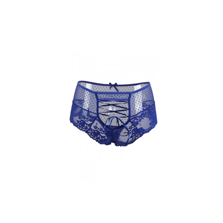Tanga lacé dentelle taille haute Bleu - Litolu Lingerie