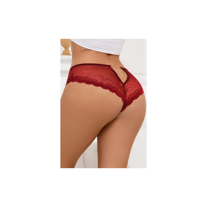 Tanga dentelle bijou Coeur Bordeaux - Litolu Lingerie