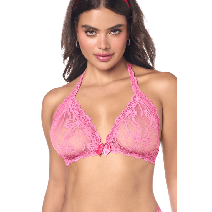 Ensemble sexy 2 pièces rose en dentelle délicate avec haut et string assorti
