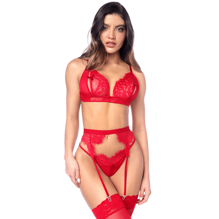 Ensemble sexy 3 pièces peek-a-boo en dentelle avec string et porte-jarretelles