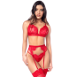 Ensemble sexy 3 pièces peek-a-boo en dentelle avec string et porte-jarretelles