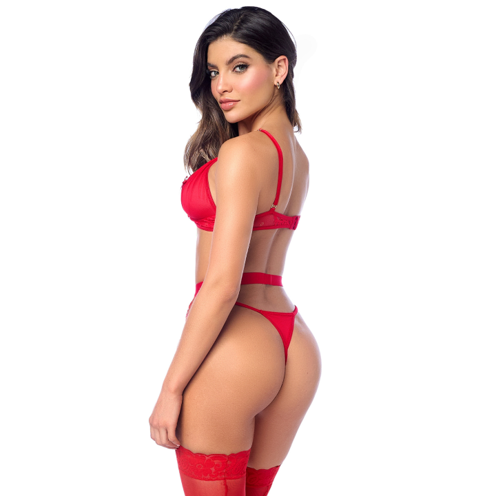 Ensemble sexy 3 pièces peek-a-boo en dentelle avec string et porte-jarretelles