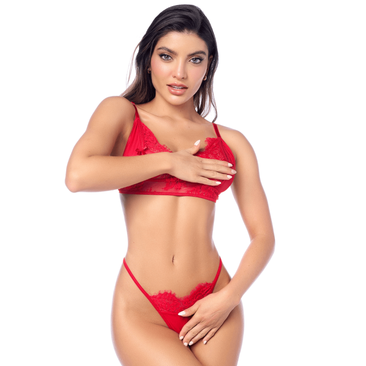 Ensemble sexy 3 pièces peek-a-boo en dentelle avec string et porte-jarretelles