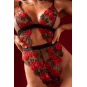 Teddy taille haute en résille noire brodée de roses avec ceinture
