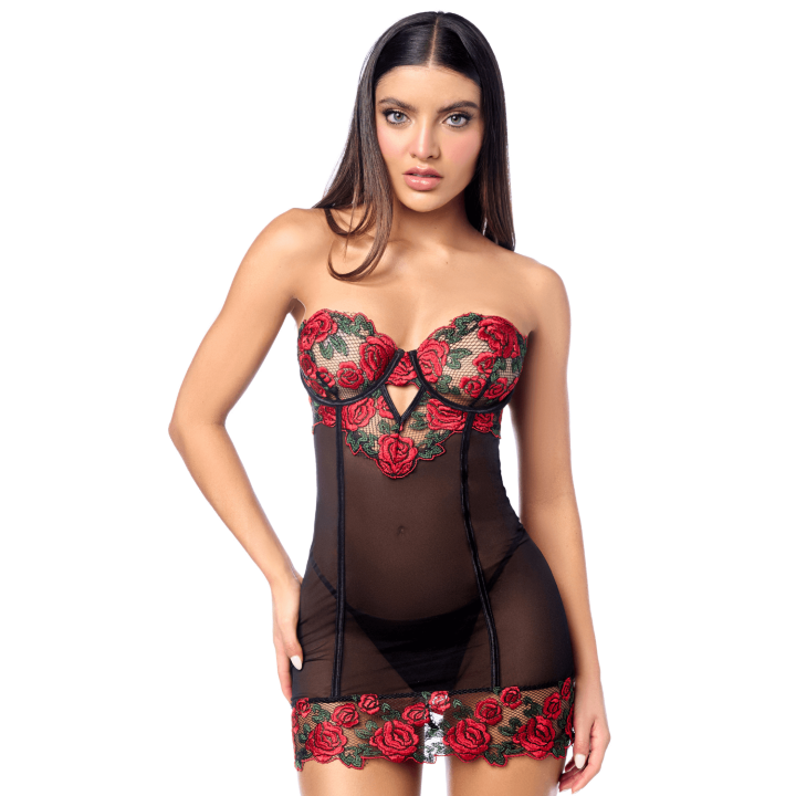 Babydoll sexy à armatures Mapalé broderie roses et string