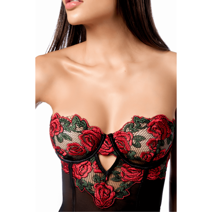 Babydoll sexy à armatures Mapalé broderie roses et string