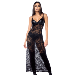 Robe longue sexy en dentelle &amp; cuir avec string et porte-jarretelles