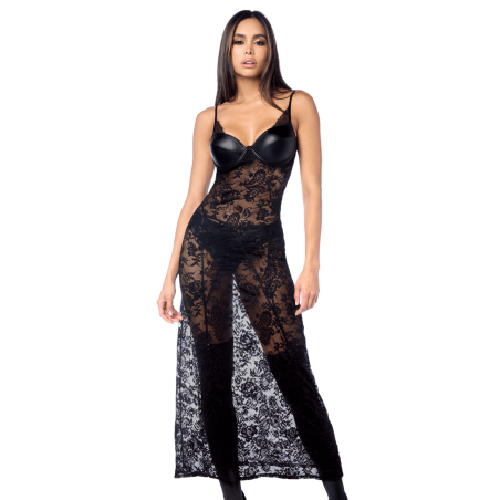 Robe longue sexy en dentelle &amp; cuir avec string et porte-jarretelles