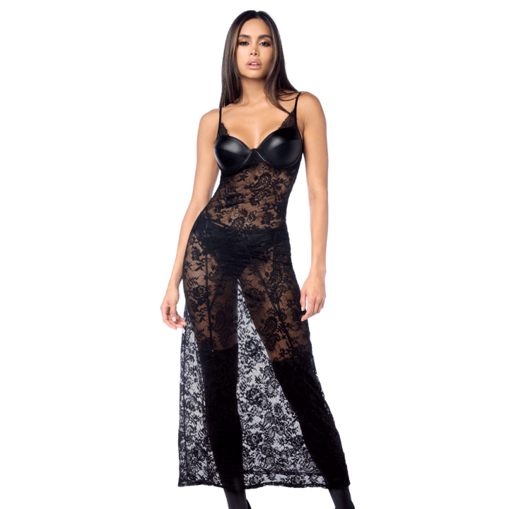 Robe longue sexy en dentelle &amp; cuir avec string et porte-jarretelles