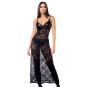 Robe longue sexy en dentelle &amp; cuir avec string et porte-jarretelles