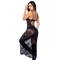 Robe longue sexy en dentelle &amp; cuir avec string et porte-jarretelles