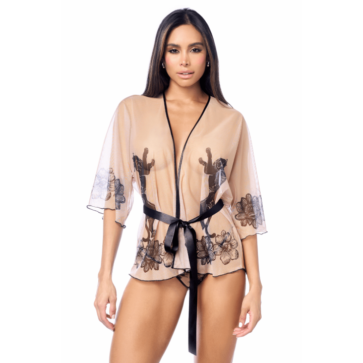 Peignoir sexy en résille imprimée transparente avec string