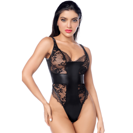 Body sexy noir dentelle &amp; similicuir