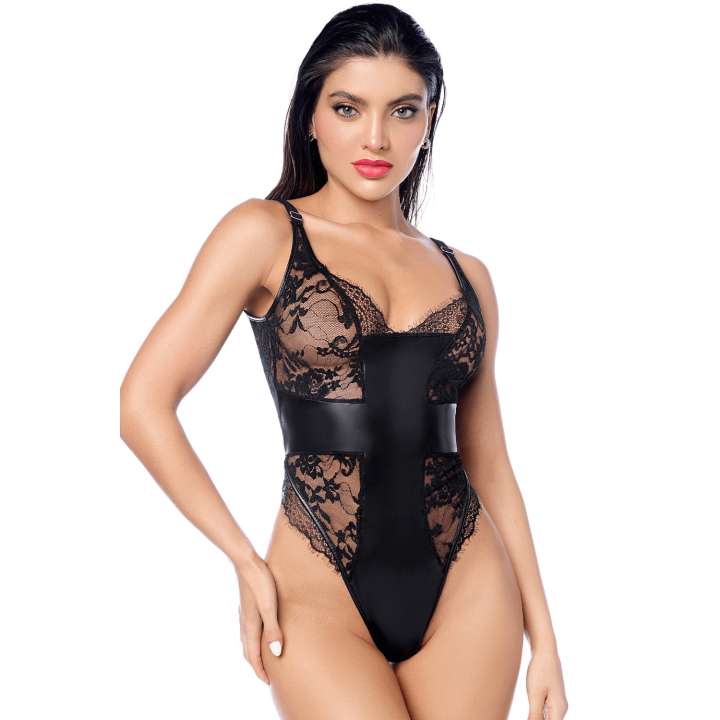 Body sexy noir dentelle &amp; similicuir
