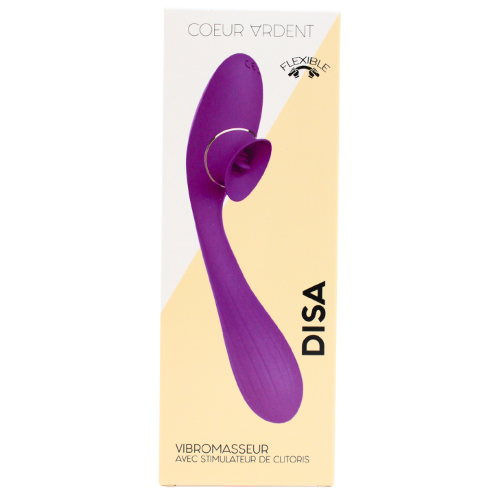Stimulateur Clitoridien avec langue &amp; Vibromasseur Point G 2-en-1 DISA Violet Cœur Ardent