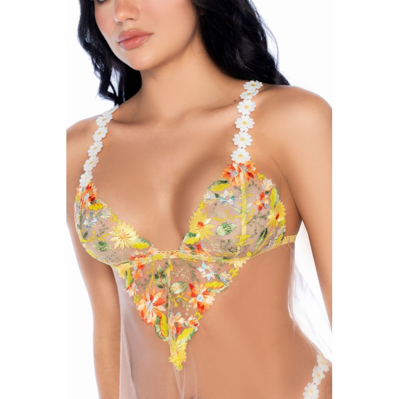 Nuisette transparente brodée jaune et string