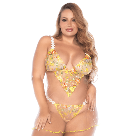 Nuisette grande taille transparente brodée jaune et string