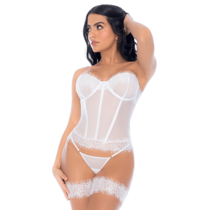 Ensemble 4 pièces blanc, bustier, string et 2 jarretières