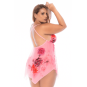 Nuisette grande taille résille rose imprimé floral et string