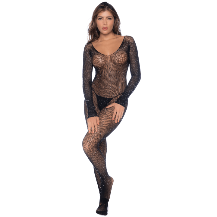 Combinaison noire en résille ornée de strass