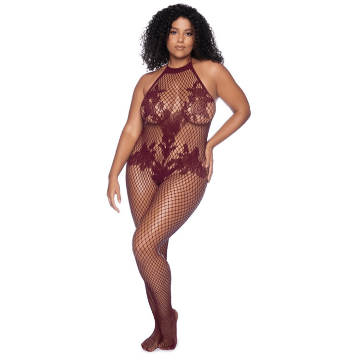 Combinaison grande taille en résille couleur cerise
