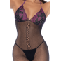Combinaison en résille et dentelle noire et violette