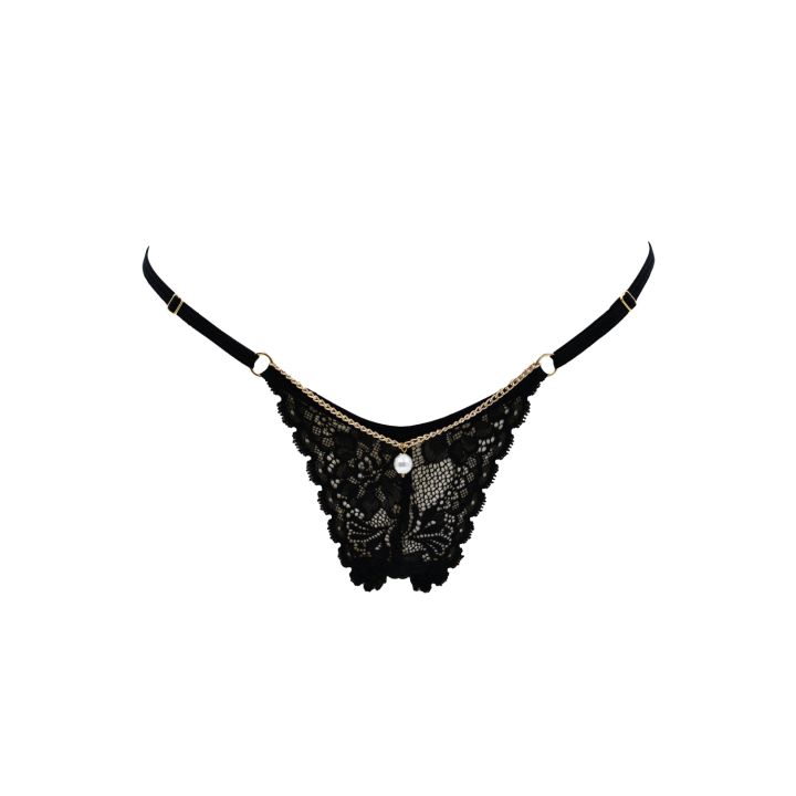 String noir en dentelle avec bijou et chaîne dorée