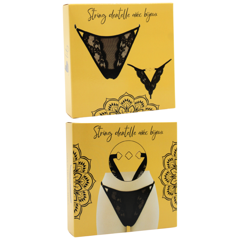 Tanga noir en dentelle avec bijou losanges dorés