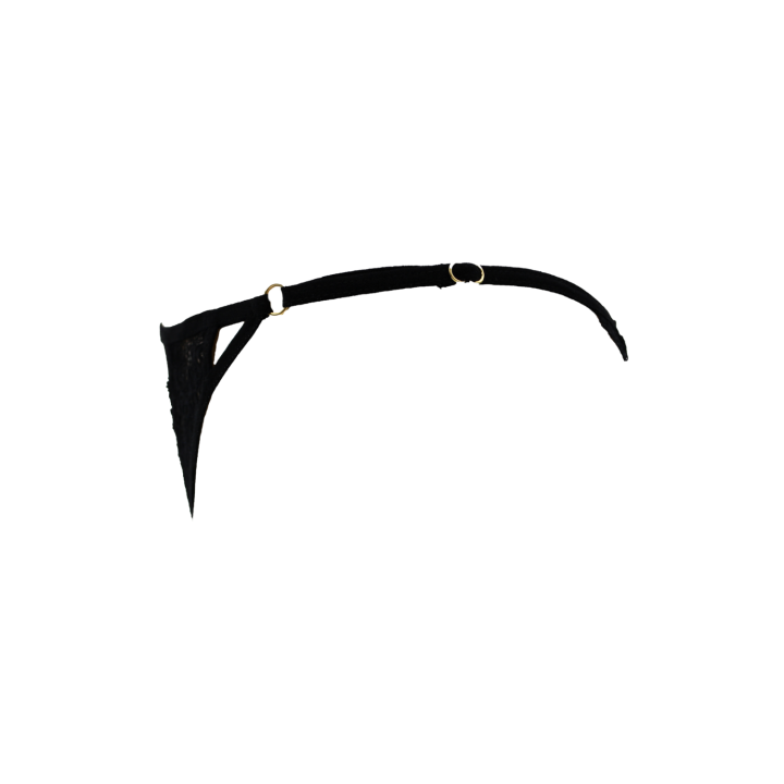 Tanga noir en dentelle avec bijou losanges dorés