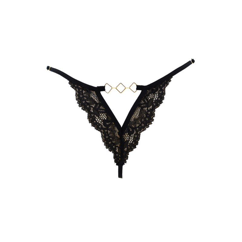 Tanga noir en dentelle avec bijou losanges dorés