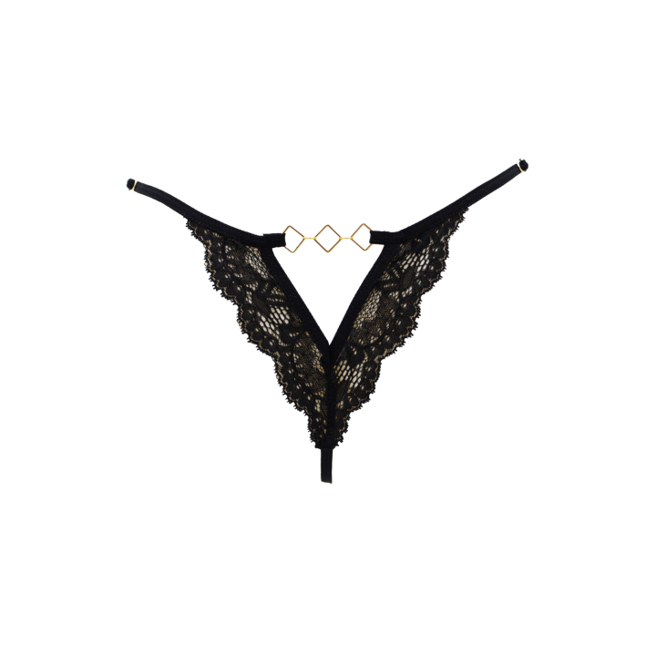 Tanga noir en dentelle avec bijou losanges dorés
