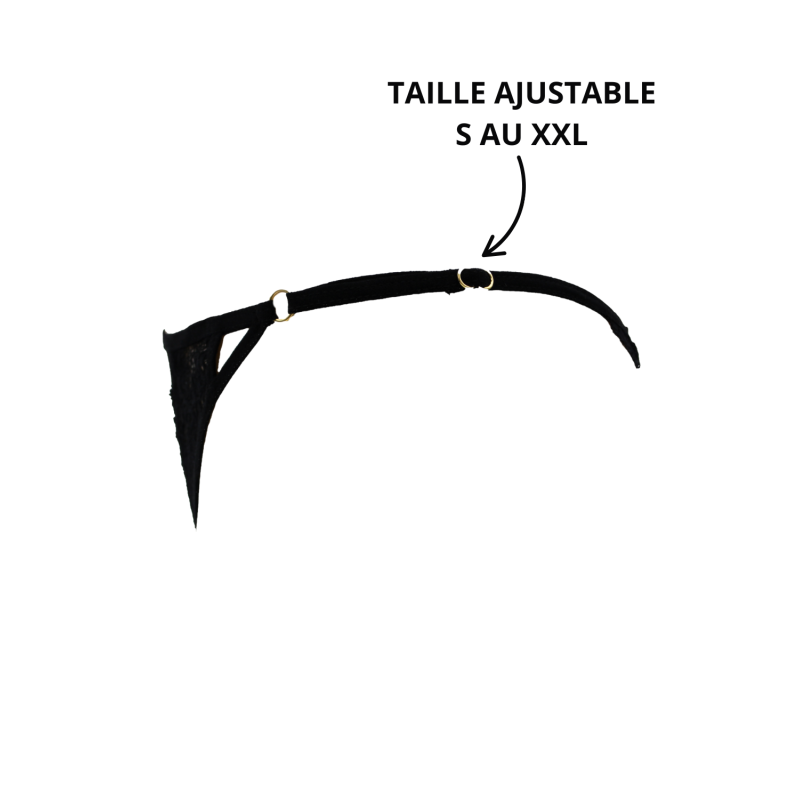 Tanga noir en dentelle avec bijou losanges dorés