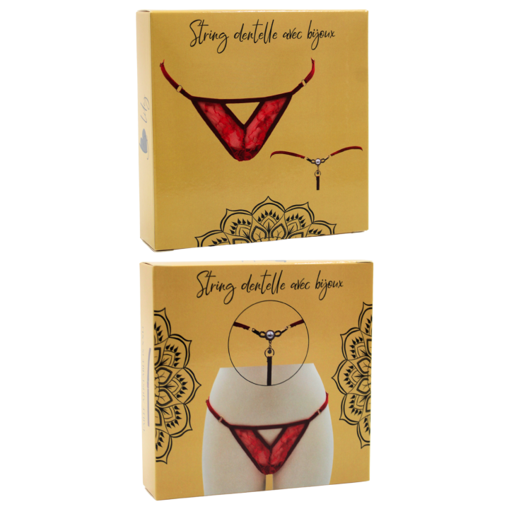 String rouge avec bijou perle &amp; strass dorés