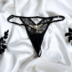 String noir avec bijou perle &amp; strass dorés