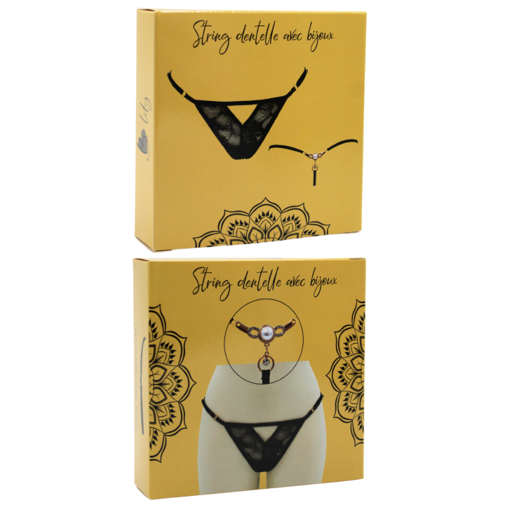 String noir avec bijou perle &amp; strass dorés