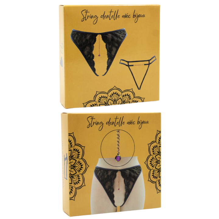 String gris avec bijou couleur aléatoire et chaîne dorée
