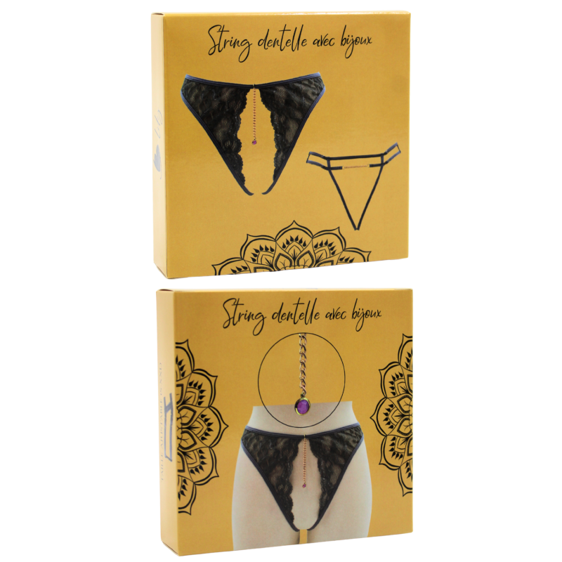 String gris avec bijou couleur aléatoire et chaîne dorée
